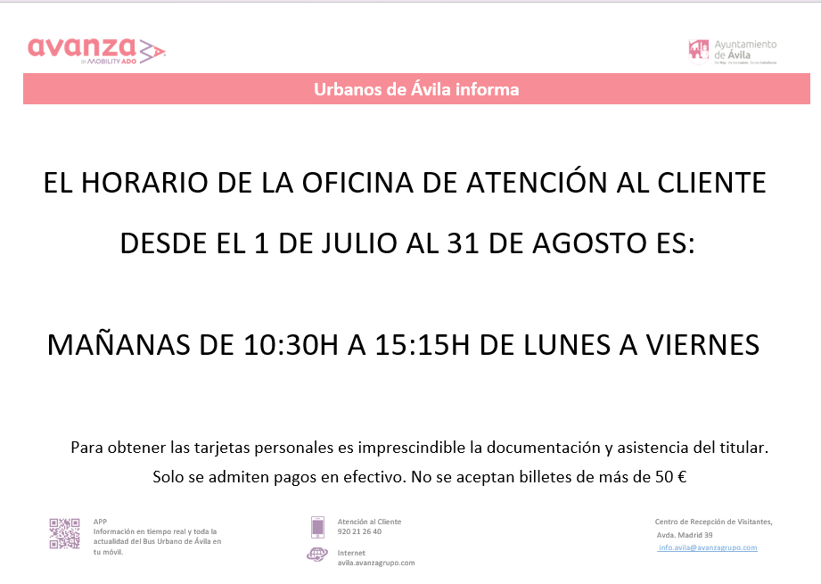 Horario de verano de Oficina Atención al Cliente